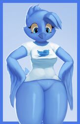 1girls anthro avian bird blue_eyes blue_fur bottomless breasts clothing eyelashes feathered_wings feathers featureless_crotch female female_only furry furry_only highres looking_down meme no_genitals no_visible_genitalia non-mammal_breasts partially_clothed simple_background smile smiling solo standing t-shirt thick_legs thick_thighs thousandfoldfeathers tweetfur twitter white_clothing white_shirt white_t-shirt wide_hips wings