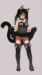 animal_ear_fluff animal_ears black_gloves black_skirt boots cat_ears cat_girl cat_tail choker corset female full_body glasses gloves gradient_hair green_eyes highres multicolored_hair no_panties original paintrfiend pussy skirt skirt_lift smile solo tagme tail tharkis thigh_boots thighhighs twintails