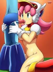 armor bbmbbf bird_hat capcom clothed_male_nude_female cum_in_mouth duo fellatio female gloves grabbing green_eyes hat kneeling male mega_man mega_man(classic) mega_man_(character) mega_man_battle_and_chase oral palcomixvip.com partial_male pink_hair plum_(mega_man) red_penis rockman straight