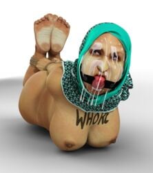 3d angry arabian ball_gag bondage cum_on_face curvy daz3d gag hijab hogtie muslim naked_hogtie nipples rope_bondage scarf tattoo tikka