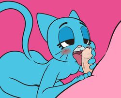 2019 anthro ass bedroom_eyes blue_fur blush breasts cartoon_network duo erection faceless_male feline fellatio female four-pundo fur half-closed_eyes handjob hi_res kneeling male mammal mature_female nicole_watterson nipples oral penis richard_watterson seductive sex simple_background small_breasts straight the_amazing_world_of_gumball whiskers