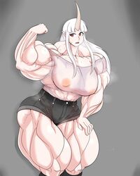 1girls ass biceps big_muscles breasts extreme_muscles female flexing flexing_bicep flexing_muscles horn jean_shorts jorts large_breasts long_hair looking_at_viewer monster_girl muscles muscular muscular_female nipples nipples_visible_through_clothing orange_eyes pointy_ears shorts solo sovietmarmalade sweat sweaty sweaty_body sweaty_clothes t-shirt thick_thighs wet wet_clothes white_hair