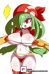 1girls busty female huge_breasts kirlia lucyfercomic may_(pokemon)_(cosplay) nintendo nipple_tweak pokémon_(species) pokemon pokemon_(species) pokemon_rse pokephilia red_bandana