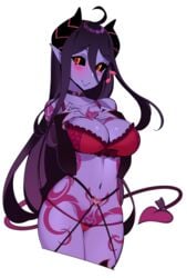 :> ahoge black_sclera blush bow bra collar collarbone demon_girl demon_horns demon_tail elbow_gloves female gloves hair_between_eyes halphelt hands_on_own_chest horns long_hair looking_at_viewer multicolored multicolored_eyes musical_note navel original panties pointy_ears purple_skin smile solo stomach tail tattoo thigh_tattoo thighhighs underwear