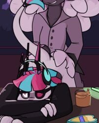 beverage caprine clothing dr._neon eyewear floraverse furry glowstick goat goggles grin headphones jam_(floraverse) jaylen_the_meowstic mammal phone rubbing sheep smile table