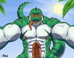 2018 abs beach biceps blush brian_(kraidhiel) crocodile crocodilian erection hi_res kraidhiel male muscular muscular_male nipples nude penis reptile scalie seaside smile sun sweat tongue tongue_out tree urethra yaoi yellow_eyes