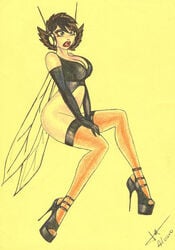 1girls artist_request big_breasts bimbo blue_eyes brown_hair cleavage confused drawing eyeshadow female female_only gloves high_heels human human_only insect_wings janet_van_dyne light-skinned_female light_skin lipstick makeup marvel platform_heels solo stockings superheroine the_avengers:_earth's_mightiest_heroes thighhighs wasp_(earth's_mightiest_heroes) wasp_(marvel) wings