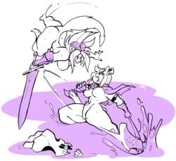 anthro axe big_breasts breasts duo female fight hi_res jinti_(artist) jintonic mammal melee_weapon nude pussy skull sword weapon