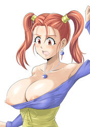 areola_slip areolae blush breasts clothing dashigara_100 dragon_quest dragon_quest_viii earring female jessica_albert jewelry large_breasts necklace nipple_slip nipples surprised twintails wardrobe_malfunction white_background