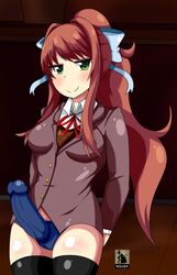 blush brown_hair doki_doki_literature_club female female_only green_eyes hair_ribbon inviting looking_at_viewer monika_(doki_doki_literature_club) niviox presenting_strap-on solo strap-on thighhighs