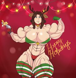 abs animal_ears antlers biceps big_muscles bow_ribbon bow_tie bowtie breasts brown_eyes brown_hair choker christmas cleavage english english_text extreme_muscles female firearm flexing flexing_bicep freckles gloves gun jingle_bell jingle_bell_collar large_breasts looking_at_viewer muscles muscular_female navel pistol reindeer_antlers revolver ribbon smiling_at_viewer solo sovietmarmalade stockings thick_thighs thong weapon wheat wheat_in_mouth