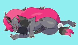 1boy 2019 anthro balls black_fur canine claws cyan_background erection fangs fur grey_fur hair hi_res knot long_hair lying male male_only mammal nintendo open_mouth penis piercing pink_fur pokémon_(species) pokemon pokemon_(species) precum reallydarkandwindie red_claws simple_background sleeping solo tongue tongue_out video_games zoroark