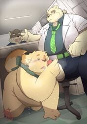 96panda_hk blush canine cu_sith_(tokyo_afterschool_summoners) cum cum_in_mouth cum_inside eyewear furry furry_only gay glasses hi_res leib_(tokyo_afterschool_summoners) male male_only mammal moritaka necktie no_humans nude oral overweight polar_bear public scarf sex slightly_chubby tokyo_afterschool_summoners under_the_table ursine video_games yaoi