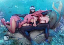 1boy 2girls ariel artofazrael ass ass_grab blowjob blue_eyes breasts breath_of_the_wild butt collaborative_fellatio crossover dat_ass disney disney_princess eyelashes fellatio female ginger licking_penis long_hair looking_at_viewer male mermaid mermaid_ass mermaid_princess mermaid_tail mipha multiple_girls oral oral_sex pale-skinned_female penis petite princess red_hair red_lipstick royalty seductive_eyes seductive_mouth slim teenager testicles the_legend_of_zelda the_little_mermaid underwater