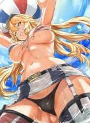 american_flag_bikini ball bangs beach_ball beltskirt bikini blonde_hair breasts clothed clouds female female_only front-tie_bikini garter_straps hair_between_eyes holding_ball holding_object iowa_(kantai_collection) kantai_collection large_breasts legwear long_hair low-angle_view miniskirt navel outdoors skimpy skirt smile solo standing star_eyes striped_bikini_top striped_legwear striped_skirt thighhighs underboob upskirt vertical-striped_legwear very_long_hair water wet yakitomeito yellow_eyes