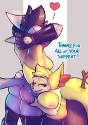 2019 4_fingers absurd_res anthro anthro_on_anthro ass assisted_exposure bedroom_eyes bent_over big_breasts big_tail braixen breast_squish breasts butt_grab canine cleft_of_venus clothing conditional_dnp duo erin_(kawfee) female female_lucario female_only gloves grin hair half-closed_eyes hand_on_butt heart hi_res inner_ear_fluff kawfee looking_at_viewer lucario mammal mostly_nude nintendo nipples nude open_mouth orange_eyes original original_character patreon pokemon pokemon_(species) pussy rear_view rubber seductive short_hair side_boob slightly_chubby smile spikes standing stick teeth text thick_thighs thighs video_games voluptuous yuri