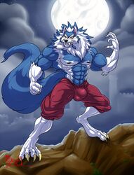 2019 4_toes 5_fingers abs anthro biceps black_nose blue_fur blue_hair blue_skin bulge canine capcom claws clothed clothing cloud darkstalkers digitigrade eyebrows fangs full_moon fur gallon glowing glowing_eyes growling hair hi_res hungothenomster jon_talbain looking_aside male male_only mammal mane moon multicolored_hair multicolored_skin muscular muscular_male night nipples pants pecs pose sabertooth_(feature) sharp_teeth sky solo star teeth tight_underwear toes topless two_tone_hair two_tone_skin vampire_savior video_games were werecanine werewolf white_hair white_skin wolf yellow_eyes