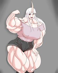 1girls biceps big_muscles breasts extreme_muscles female flexing horn jean_shorts jorts large_breasts long_hair looking_at_viewer monster_girl muscles muscular muscular_female orange_eyes pointy_ears shorts smile solo sovietmarmalade t-shirt thick_thighs white_hair