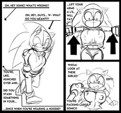 1girls assisted_exposure bimbo breasts cuisine female greyscale hoodie hourglass_figure knuckles_the_echidna missphase nipples rule_63 sega shirt_lift sonic_(series) sonic_the_hedgehog sonique_the_hedgehog sonknux