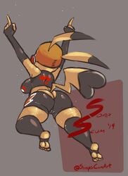 2019 anthro armwear ass big_breasts big_butt breasts cameltoe cleft_tail clothed clothing cosplay_pikachu crop_top dipstick_ears dipstick_tail elbow_gloves feet female fingerless_gloves gloves large_ass legwear mask midriff multicolored_tail nintendo nyquil pikachu pikachu_libre pokémon_(species) pokemon pose raised_arm rear_view rough_sketch shirt shorts shortstack solo spandex thick_thighs tight_clothing toeless_legwear video_games