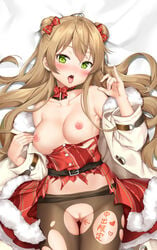 ahoge alternate_costume areolae bangs bare_shoulders belt blush body_writing bow breasts brown_hair choker coat collarbone dakimakura double_bun dress eyebrows_visible_through_hair fellatio_gesture female fur_trim girls'_frontline green_eyes hair_between_eyes hairbow long_hair looking_at_viewer lying mamemena medium_breasts nipples on_back open_clothes open_coat open_mouth pussy red_bow red_dress rfb_(girls'_frontline) smile solo torn_clothes uncensored