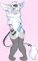 anthro balls blue_eyes blush clothed clothing crossdressing erection ferrin girly legwear male male_only nurse nurse_uniform pawberry precum simple_background solo standing stockings tears uniform