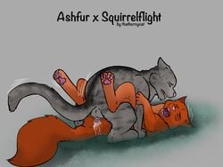 animal_genitalia animal_penis anus ashfur_(warriors) balls colored cum feline female feral feral_on_feral highres male mammal mating_press outside paws penis pussy sex shaded simple_background squirrelflight_(warriors) straight submissive thathornycat warriors_(cats)