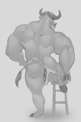 2018 anthro anus ass backsack balls biceps bovine cape_buffalo chief_bogo disney greyscale hooves kazushi looking_back male male_only mammal monochrome muscular muscular_male one_leg_up perineum solo stool underwear zootopia