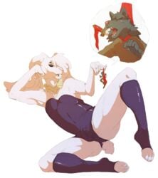 anthro basil_(aristocrats) girly inside_clothes macro male male_focus micro opblaaskrokodil rabbit shared_clothes thighhighs