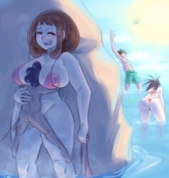 2boys 2girls alternate_breast_size beach between_breasts big_breasts bikini breasts brown_hair head_between_breasts hiding izuku_midoriya karmaniac large_breasts larger_female lifted midget minoru_mineta momo_yaoyorozu motion_lines my_hero_academia netorare ochako_uraraka sex shounen_jump smaller_male smile stealth_sex straight tagme vaginal_insertion vaginal_penetration