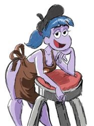 apron artist_request beret big_city_greens blue_hair disney disney_channel female gloria_sato looking_at_viewer naked_apron ponytail purple_skin rough_sketch solo stool