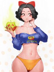 1girls apple black_hair bow brown_eyes cameltoe disney disney_princess female female_only fumio_(rsqkr) hairband holding_apple hourglass_figure nipple_bulge off_shoulder panties poison_apple princess red_bow royalty short_hair snow_white_(disney) snow_white_and_the_seven_dwarfs solo solo_female tagme teenager