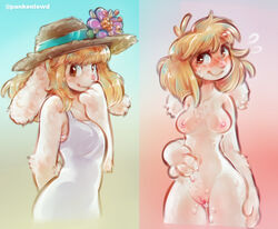 anthro blush breasts embarrassed female fur hat lagomorph lewdrealm looking_aside mammal navel nude off/on panken pussy pussy_juice rabbit shy solo standing straw_hat sundress sweat white_fur