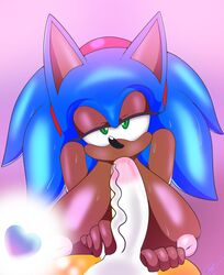 1girls balls bimbo breasts brown_skin ganguro gyaru koro_kizama male_pov nipples oral penis pov rule_63 sonic_(series) sonic_the_hedgehog sonique_the_hedgehog sweat tails