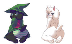 1boy anthro ass backsack balls black_fur blue_eyes blush caprine clothing deltarune eyewear fur glasses goat hat kneeling male male_only mammal panties ralsei robe scarf shinsuke simple_background solo underwear white_fur