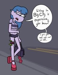 1girls big_city_greens blue_hair breasts condom condom_wrapper disney disney_channel embarrassed female gloria_sato handbag money pixxxel platform_footwear prostitute prostitution purple_skin reluctant solo speech_bubble text