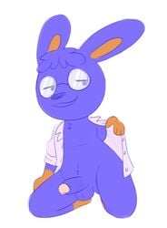 2019 animal_crossing anthro balls blue_fur clothing doc_(animal_crossing) dress_shirt eyewear fur glasses kneeling lagomorph male male_only mammal nintendo nutty_bo orange_fur penis rabbit shirt simple_background solo uncut undressing