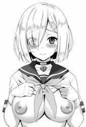 breasts female gloves hair_ornament hairclip hamakaze_(kantai_collection) kantai_collection kyougoku_shin large_breasts looking_at_viewer nipples school_uniform serafuku short_hair short_sleeves smile solo