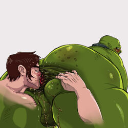 2boys ass ass_juice bara blush from_behind gay human male male_only musk orc orc_on_human rimming saliva sloppy xen yaoi