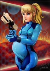 1futa animal_genitalia animal_penis arrowdark balls_in_bodysuit belly big_belly blonde_hair blue_eyes bodysuit bulge erection erection_under_clothes futa_only futanari gloves gun intersex metroid nintendo penis penis_in_bodysuit penis_under_clothes pregnant pregnant_futa ready_to_pop samus_aran skintight solo zero_suit zero_suit_samus