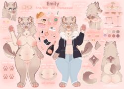 2018 anthro breasts canine canine cleft_of_venus clothing ear_piercing emily_(strawberrymilk) facial_piercing hi_res mammal model_sheet nipple_piercing nipples nose_piercing nose_ring nude piercing pussy strawberrymilk