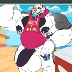 anthro balls beach big_balls big_penis blush bottomless canine clothed clothing dessert food half-erect huge_balls huge_muscles humanoid_penis ice_cream male male_only mammal muscular muscular_male nipple_piercing nipples outside pecs penis piercing seaside siriusdog standing uncut vein