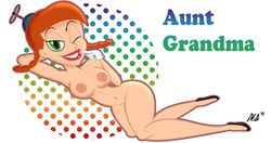 artist_request aunt_grandma breasts cartoon_network female gloves green_eyes hand_to_own_mouth high_heels lipstick looking_at_viewer naked_footwear naked_heels naked_with_shoes_on navel nipples nude nude_female one_eye_closed red_hair shoes solo uncle_grandpa winking