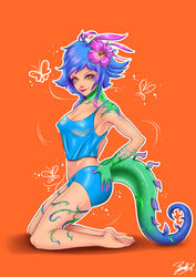 1girls absurdres animal_humanoid ass barefoot big_ass blonde_hair blue_scales body_markings breasts butterfly clothed eyeshadow facial_markings feet female female_only flipped_hair flower gloves_(marking) green_scales hair_flower hand_on_ass highres kneeling league_of_legends lizard lizard_girl lizard_humanoid long_hair looking_at_viewer medium_breasts midriff navel neeko nipple_bulge orange_background riot_games scalie short_shorts shorts side_view signature simple_background slit_pupils smile soles solo tail tank_top toes toned yellow_eyes yomz