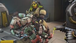 3d ambiguous_gender anus assisted_sex bastion_(overwatch) blizzard_entertainment bob_(overwatch) cum erection group group_sex half-erect hand_on_hip horn humanoid humanoid_penis imminent_anal imminent_sex lying machine male omnic on_back orisa overwatch penis precum presenting presenting_anus robot rtsfm sex threesome video_games voyeur