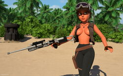 1girls 3d artist_name bare_shoulders beach big_breasts brown_gloves brown_hair busty cleavage curvy detailed_background eyelashes female female_only fingerless_gloves front_view gloves goggles green_eyes gun half-dressed half_dressed helmet holding_object hourglass_figure human jyn_erso kondaspeter necklace no_bra outdoor outside pose posing rogue_one:_a_star_wars_story sand scarif shadow shiny shiny_skin shoes short_hair sniper_rifle solo standing star_wars thong topless vest voluptuous weapon wide_hips