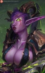 1girls big_breasts breasts cleavage cutesexyrobutts elf female female_only glowing_eyes green_eyes horns knife_ears large_breasts long_ears looking_at_viewer night_elf pointy_ears ponytail purple_body purple_skin solo solo_female world_of_warcraft