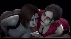 1boy 2girls ass claire_redfield claire_redfield_(jordan_mcewen) dark-skinned_male fellatio handjob interracial jill_valentine jill_valentine_(sasha_zotova) looking_at_viewer resident_evil resident_evil_2 resident_evil_3 tagme video