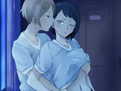 2girls blonde_hair breast_grab dark_hair ear_biting female female_only liar-soft okujou_no_yurirei-san yuri