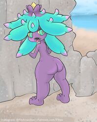 1girls 3_toes against_wall ass back beach blue_eyes blue_hair breasts clouds day drooling feet female_only fitzo fur furry furry_only large_ass legs mareanie nintendo nude open_mouth outdoors pokemon pokemon_sm purple_skin rock saliva sideboob sky small_breasts spikes standing teeth text thick_thighs thin_waist tongue tongue_out url water watermark wide_hips yellow_sclera